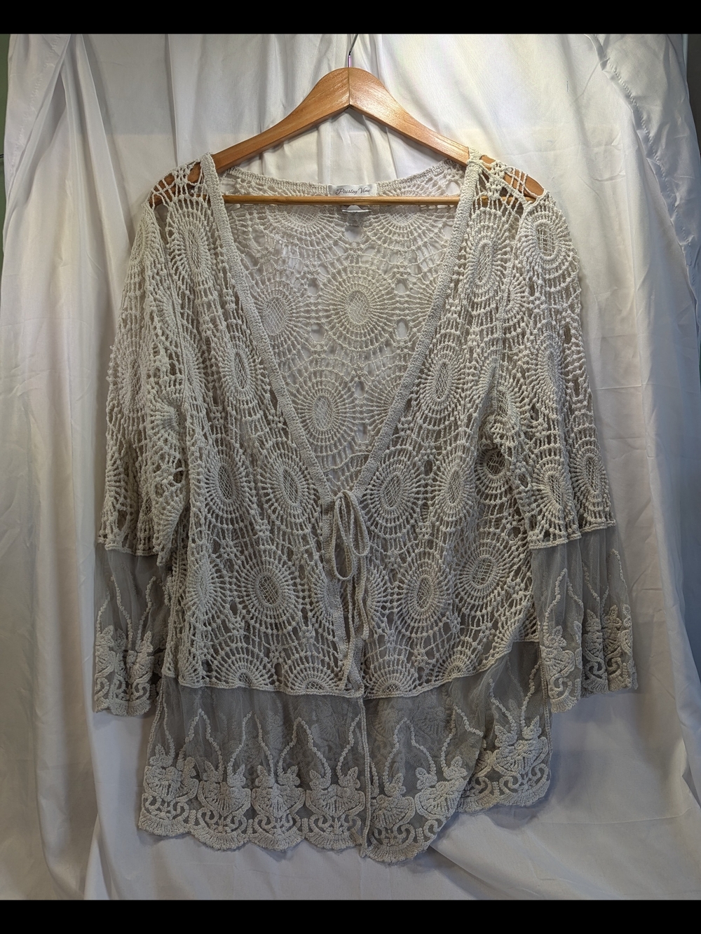 Paisley Vine Crochet Lace Tie-Front Cardigan w/Bell Sleeves One Size